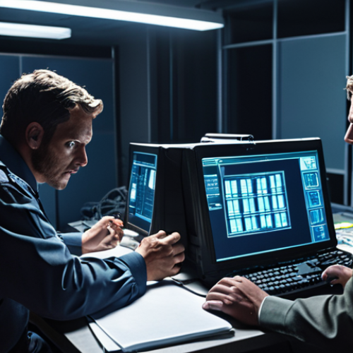 **A crisis communication team during a cyberattack simulation, focusing on collaboration and clear information sharing. Dramatic lighting, tense atmosphere.**