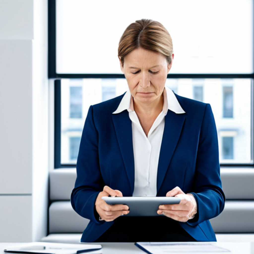 **Prompt:** A professional German businesswoman in her late 40s, fully clothed in a modest, tailored dark blue business suit with a white blouse, looking thoughtfully at a tablet with a slight expression of concern. She is seated at a clean, modern desk in a well-lit, uncluttered office space. Subtle digital elements, like a faint, abstract network graph or binary code, are softly layered in the background, hinting at digital threats. Perfect anatomy, correct proportions, natural pose, well-formed hands, proper finger count, natural body proportions, safe for work, appropriate content, fully clothed, professional photography, high quality.