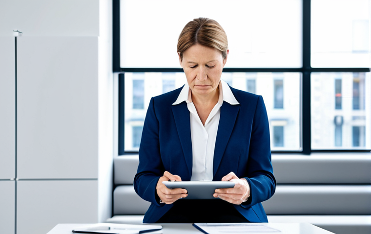 **Prompt:** A professional German businesswoman in her late 40s, fully clothed in a modest, tailored dark blue business suit with a white blouse, looking thoughtfully at a tablet with a slight expression of concern. She is seated at a clean, modern desk in a well-lit, uncluttered office space. Subtle digital elements, like a faint, abstract network graph or binary code, are softly layered in the background, hinting at digital threats. Perfect anatomy, correct proportions, natural pose, well-formed hands, proper finger count, natural body proportions, safe for work, appropriate content, fully clothed, professional photography, high quality.