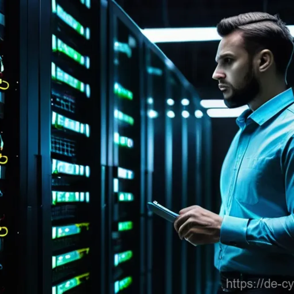 사이버 공격 발생 시 내부 조사 절차 - A high-stakes, realistic photo of a focused male cybersecurity professional in a server room during ...