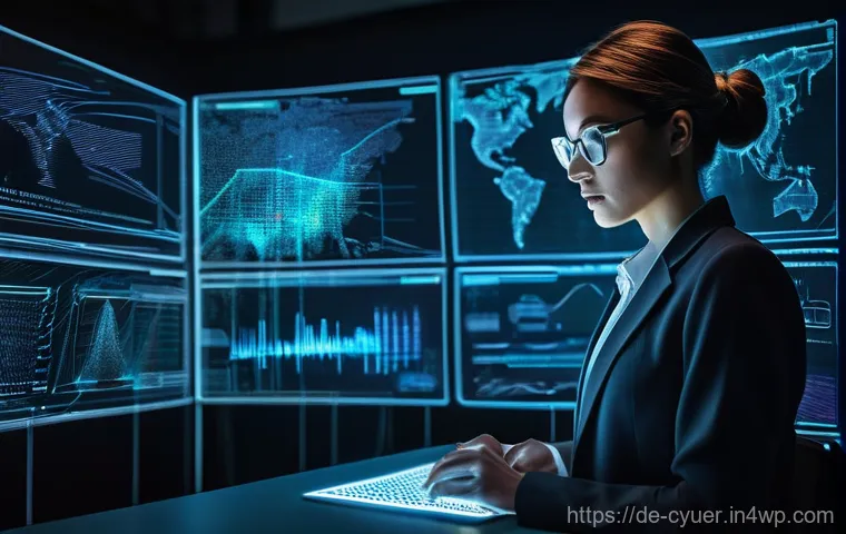 사이버 공격 발생 시 내부 조사 절차 - A high-stakes, realistic photo of a focused male cybersecurity professional in a server room during ...