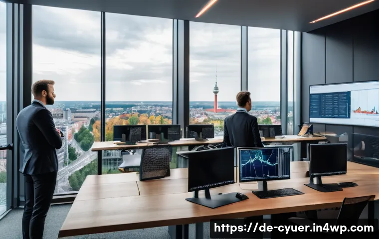 사이버 공격 발생 후 고객 신뢰 회복 전략 - A modern corporate office setting in Germany with a diverse team of IT professionals urgently workin...