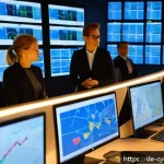 Home 20 사이버 공격 발생 시 이해관계자 대응 전략 - A modern corporate crisis management room in Germany, showing a diverse team of professionals collab...