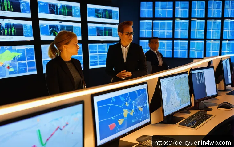 사이버 공격 발생 시 이해관계자 대응 전략 - A modern corporate crisis management room in Germany, showing a diverse team of professionals collab...