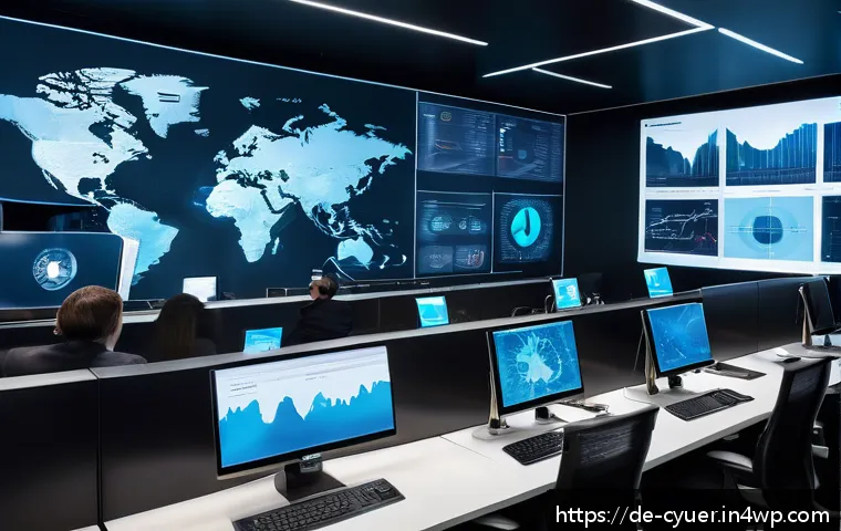 사이버 공격 대응을 위한 위험 분석 기법 - A modern corporate office setting with diverse cybersecurity professionals analyzing digital risk ma...