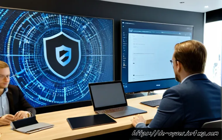 사이버 공격 후 재발 방지 대책 수립 - Photorealistic German cybersecurity incident recovery meeting in a modern Frankfurt office, diverse ...