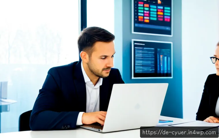 Home 17 사이버 공격에 대한 리스크 관리 전략 - Photorealistic German corporate cybersecurity risk management meeting, diverse team of professionals...